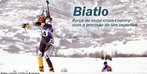 Imagem de um atleta da modalidade biatlo com seus esquis na mo. <br><br> Palavras-chave: esporte, esportes de inverno, biatlo.